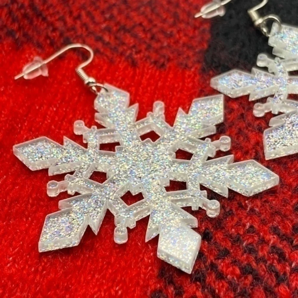 Acrylic Snowflake Glitter‎ Earrings Winter Christmas Dangle Wire Hook Earrings